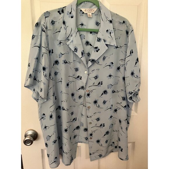 Casual Corner ANNEX Woman Blue Silk  Short Sleeves Collar Buttons Blouse Top 22W - Picture 1 of 13